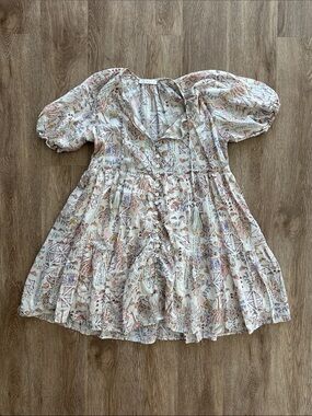 Karlie Cream Puff Sleeve Mini Dress Boho Print‎ Small Babydoll Tiered